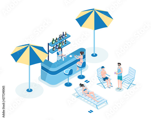 People in pool bar isometric vector illustration. Barkeeper, women in bikini and men in summer clothes 3D cartoon characters. Bartender making cocktail, young tourists drinking refreshments