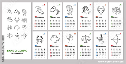 Creative wall calendar 2020 with horoscope zodiac symbols set. Weeks starts sunday  editable vector. Can be used for web  print  card  poster  banner  bookmarks. Classic grid  english language.