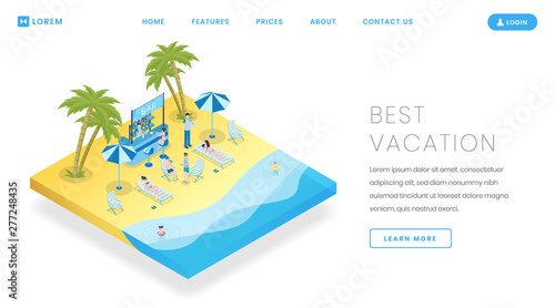 Tourism industry landing page vector template. Travel bureau service website homepage interface idea with isometric illustrations. Tropical beach recreation web banner, webpage cartoon concept