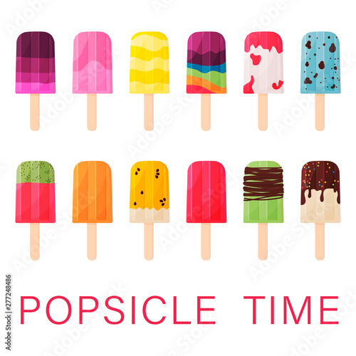 Collection of frut popsicles. Colorful bright summer poster. Flat vector illustration.