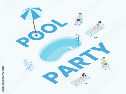 Summer party flat banner vector template. Summertime season event, tropical outdoor leisure advertising poster concept. Tourists sunbathing near pool isometric vector illustration with typography