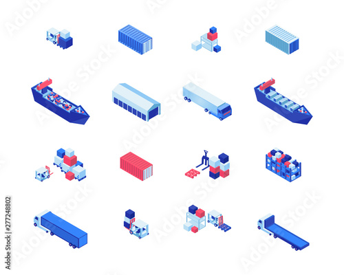 Shipping business isometric vector illustrations set. Freight ships, warehouse storage, forklifts carrying cargo and lorry trucks. Maritime shipment delivery, transportation industry design elements