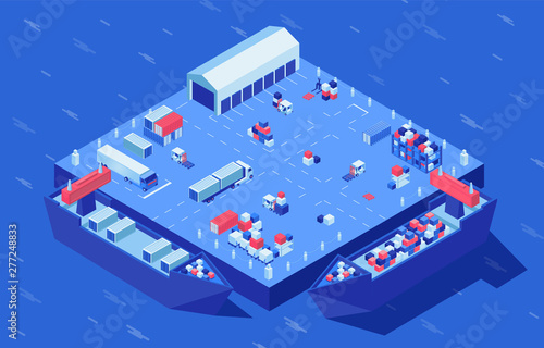Container yard isometric vector illustration. Freight transport, merchandise and industrial cargo at logistics hub. Marine commerce, goods distribution and storage service, shipment delivery service