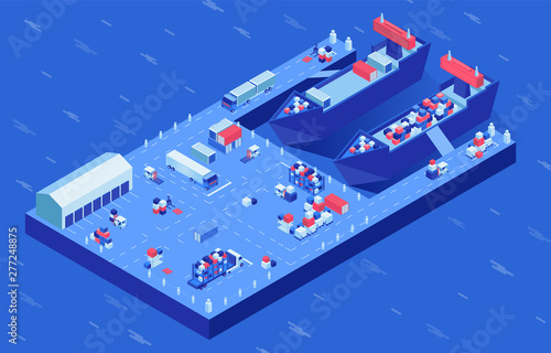 Freight ships in harbor isometric vector illustration. Industrial vessel loading process, marine and ground transport at docks. Container shipping, import and export business, shipment storage service