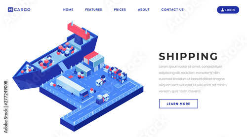 Shipping business landing page vector template. Commercial transportation website homepage interface idea with isometric illustrations. Shipment import and export web banner, webpage cartoon concept