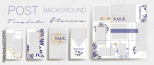  Design backgrounds for social media banner.Set of instagram post frame templates.Vector instagram stories cover. Mockup for personal blog or shop. Endless square puzzle layout for promotion.