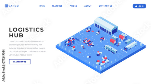 Container yard landing page vector template. Shipping logistics center website homepage interface idea with isometric illustrations. Industrial transportation web banner, webpage cartoon concept