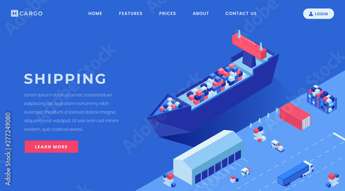 Commercial conveyance landing page vector template. Shipyard, harbor website homepage interface idea with isometric illustrations. Goods shipping business web banner, webpage cartoon concept