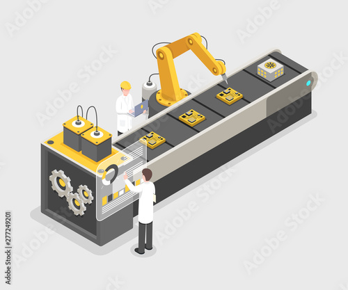 Technology gadget assembly line, manufacturing process. Engineers working on industrial plant, research laboratory 3d vector illustration. Remote controlled, automated robotic arm isometric concept