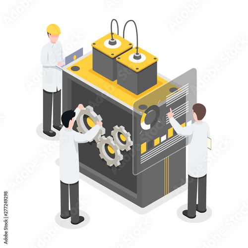 Researchers, engineers working on technology, breakthrough. People working on new tech, projecting modern machinery isometric vector illustration. Fixing and maintaining equipment 3d concept