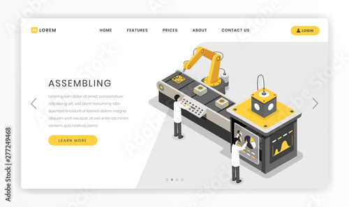 Manufacturing, constructing process landing page template. Hardware engineers monitoring autonomous manufacture vector isometric illustration. Modern, futuristic factory, research centre website