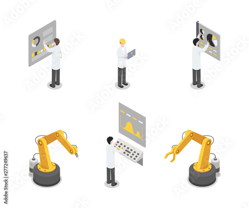 Industrial machinery, engineers and equipment set. Autonomous assembly, manufacture employees working 3d concept. Scientist, industrial expert, cybernetics professional isometric illustration