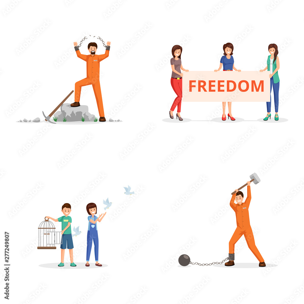 Fighting for freedom vector illustrations set. Female activists with placard on demonstration, children setting pigeons free from birdcage. Chained person, prisoner tearing chains, handcuffs Fighting for freedom vector illustrations set. Female activists with placard on demonstration, children setting pigeons free from birdcage. Chained person, prisoner tearing chains, handcuffs