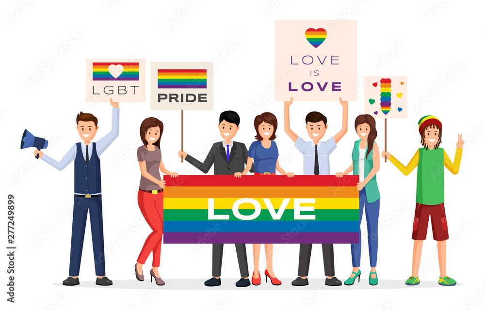 Pride parade demonstrators flat vector illustration. Cartoon male, female activists holding rainbow colored placards. Pride parade members, LGBTQ community, equal rights for gay, lesbian people