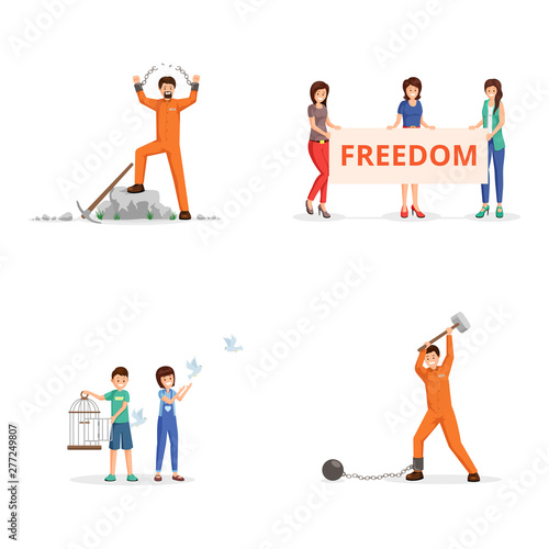Fighting for freedom vector illustrations set. Female activists with placard on demonstration, children setting pigeons free from birdcage. Chained person, prisoner tearing chains, handcuffs