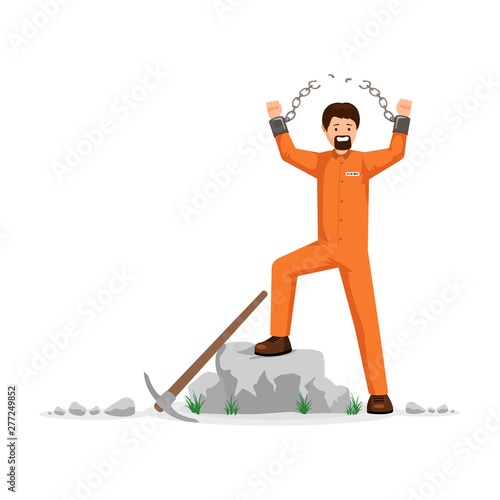 Unchained prisoner flat vector illustration. Man in orange prison uniform, hard labourer, rioting, conquering freedom. Male captive on correctional labour tearing shackles chain apart