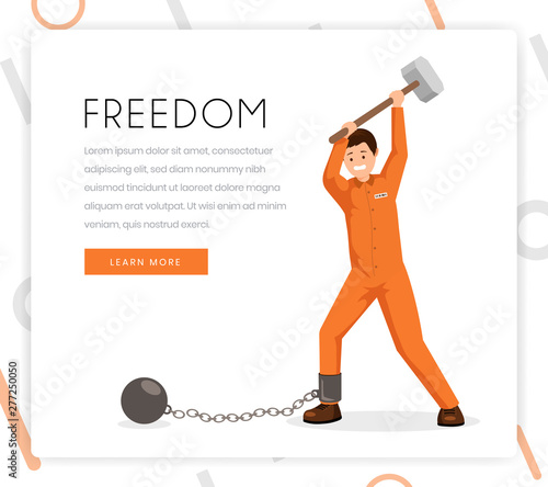 Fighting slavery vector color landing page template. Prisoner, convict in uniform breaking shackles with sledge hammer. Human rights organization, freedom fighters foundation homepage design layout