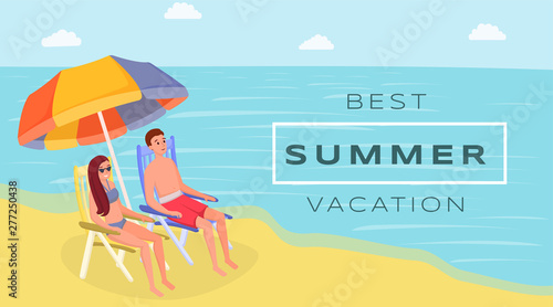 Best summer resort flat vector banner. Spouses sitting on ocean, seashore under beach umbrella cartoon characters. Relaxing, sunbathing together on tropical island on vacation, weekend