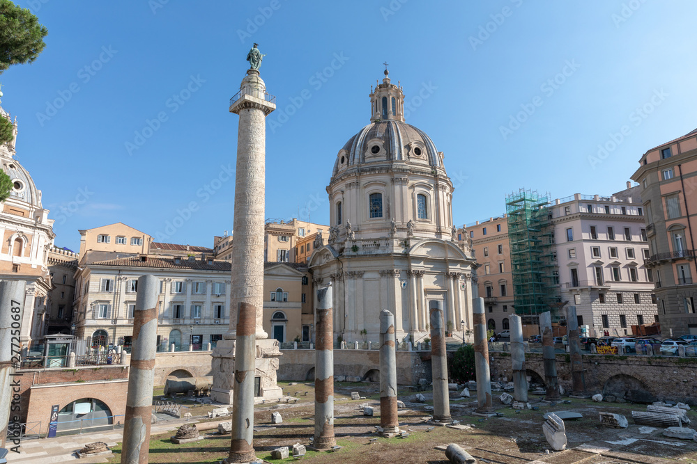 Panoramic view of Trajan's Forum and Column in Rome, far away the Church