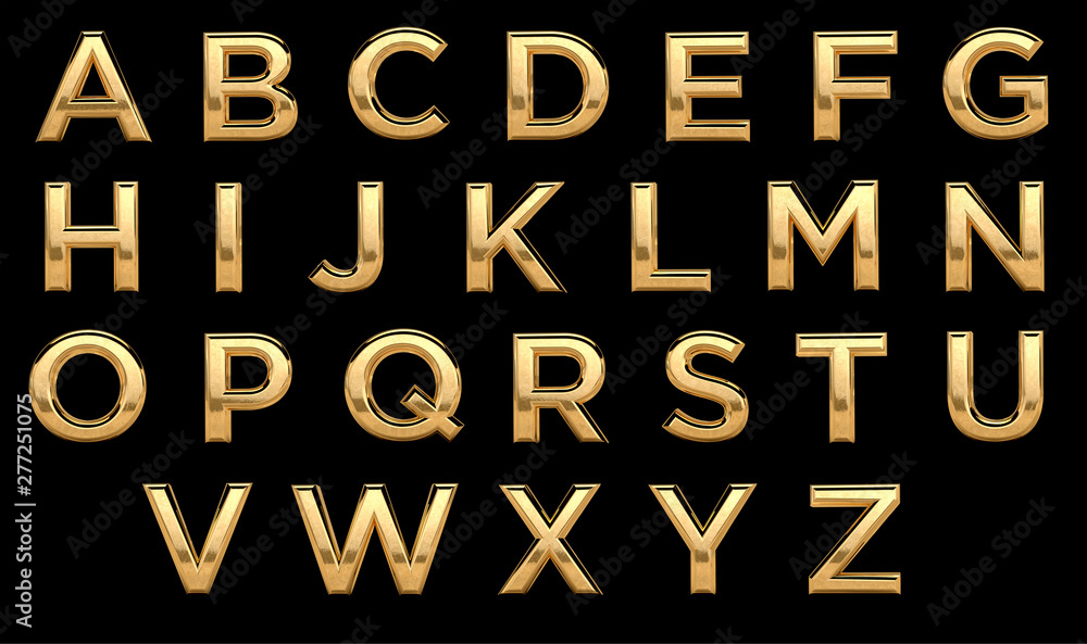 Golden font, all letters. Latin, english alphabet. 3d render, gold metal texture, on black background. - obrazy, fototapety, plakaty 