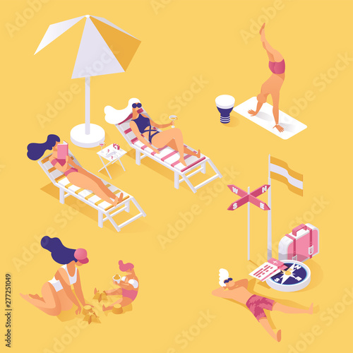 Summer vacation on seashore isometric illustration. People enjoying summertime holiday, relaxing and napping on sandy beach 3d concept. Hot day activities, sunbathing and working out