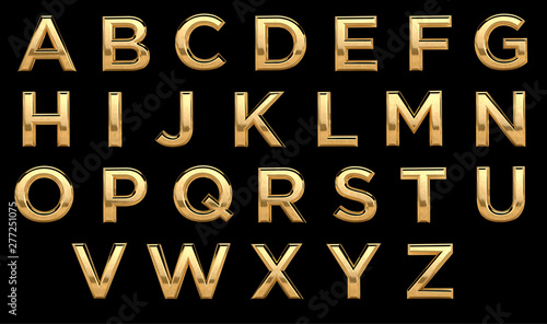 Golden font, all letters. Latin, english alphabet. 3d render, gold metal texture, on black background.