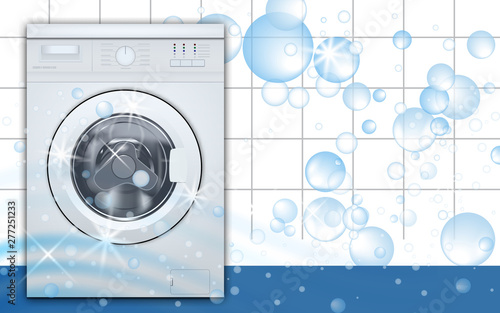 Washing machine front loading in empty laundry room background with soap bubbles. 3d realistic vector. Front view, close-up, closed door.