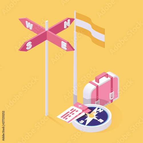Traveling to foreign countries 3d concept. Tourism over border, choosing holiday, travel destination isometric vector illustration. Packing bags, luggage for flight to summer resort concept