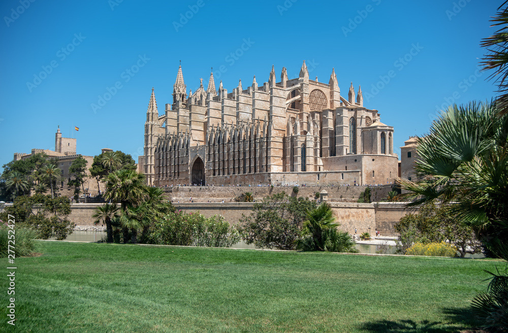 Majorca 2019: Cathedral La Seu of Palma de Mallorca on a sunny summer day with blue sky. Image composition with grass, palm trees and other plants in the foreground