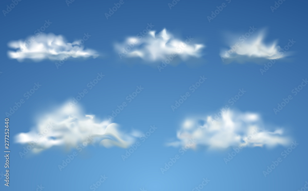 Set of Clouds on blue sky. Set of realistic isolated cloud on the blue background.