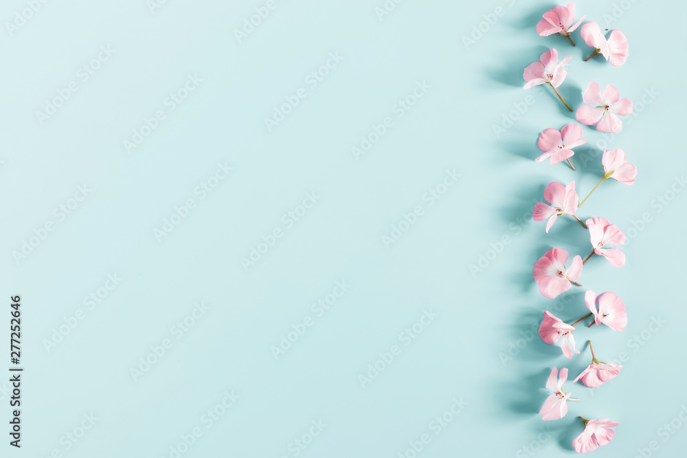 Fototapeta premium Beautiful flowers composition. Frame made of light pink flowers on pastel blue background. Valentines Day, Easter, Birthday, Happy Women's Day, Mother's day. Flat lay, top view, copy space
