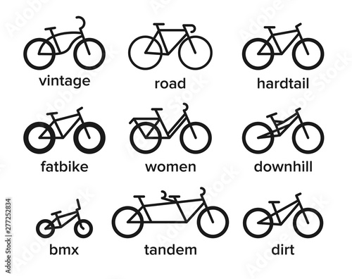 Bicycle types icons set. Simple illustration of 9 bicycle types vector icons for web