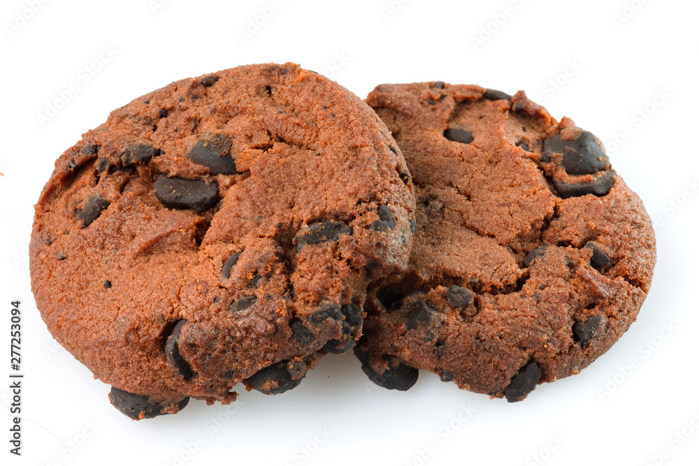 Fototapeta premium Chocolate chip cookies isolated on white background. Sweet biscuits. Homemade pastry.