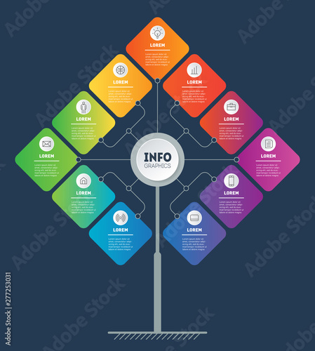 Brochure design template. Business presentation concept with 11 options. Template of tree, info chart or diagram. Infographic of technology or education process with eleven steps.