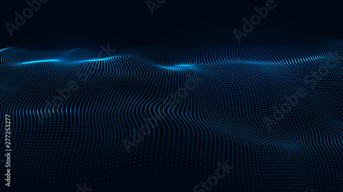 Abstract dynamic wave of many shining points. Big data. Low poly shape. Wave of bright particles. Futuristic background. 3d rendering.