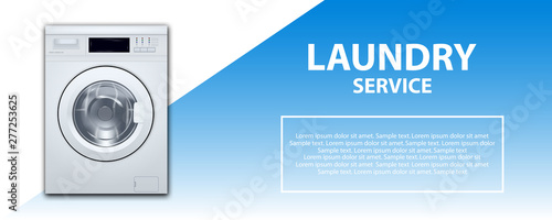 Laundry service banner or poster. Washing machine front loading background. 3d realistic illustration. Laundry detergent advertising.