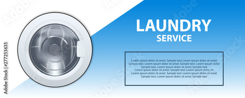 Laundry service banner or poster on blue background. Washing machine drum 3d realistic illustration. Front view, close-up, closed door. Laundry detergent advertising.