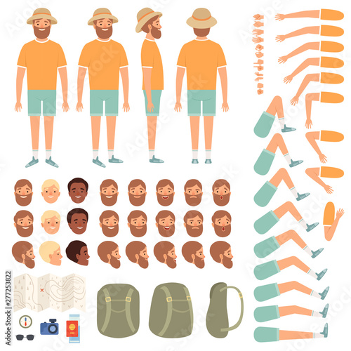 Travel people constructor. Body parts of happy travellers with various clothes tourist vector creation kit. Illustration of tourist character body, collection leg and hand traveler position