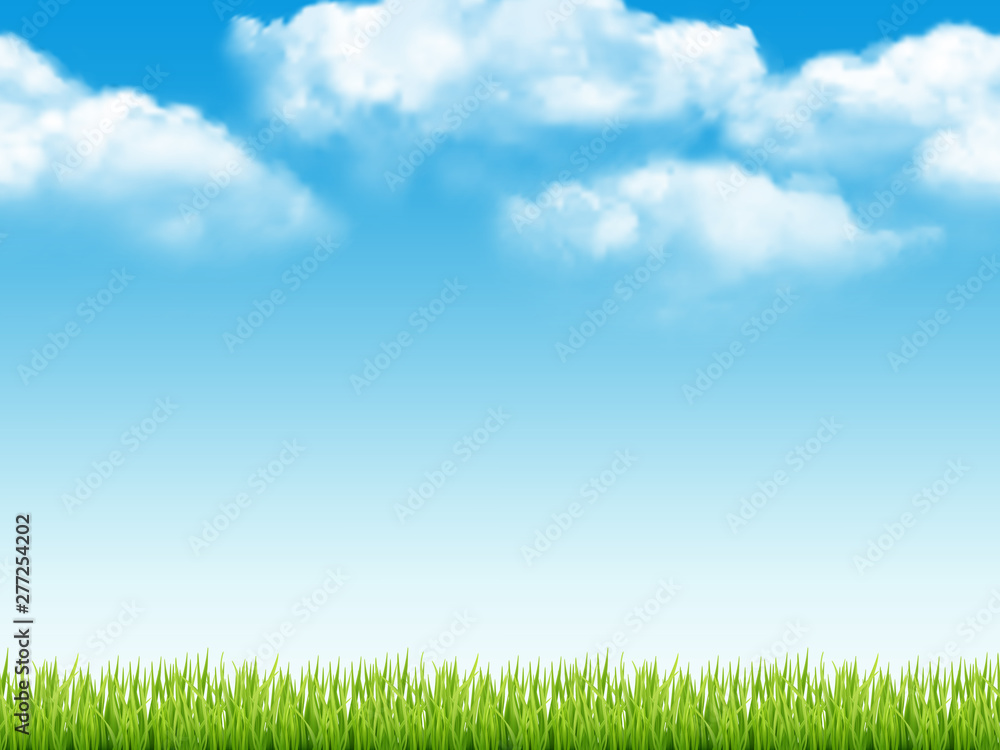 Nature landscape. Fresh background with green grass blue sky with clouds dream field vector realistic seamless pattern. Field green grass, landscape meadow illustration Nature landscape. Fresh background with green grass blue sky with clouds dream field vector realistic seamless pattern. Field green grass, landscape meadow illustration