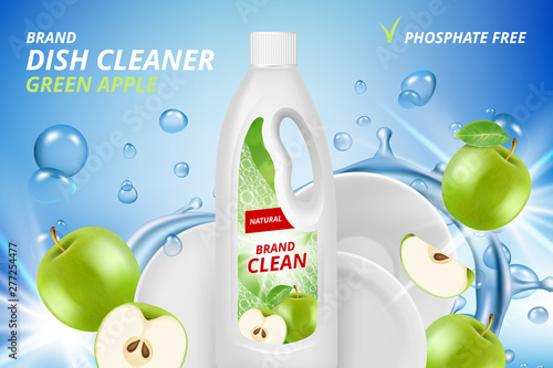 Dishware cleaner. Cleaning and washing ceramic plates vector advertizing placard with place for text. Dishware cleaner detergent, hygiene for dish illustration