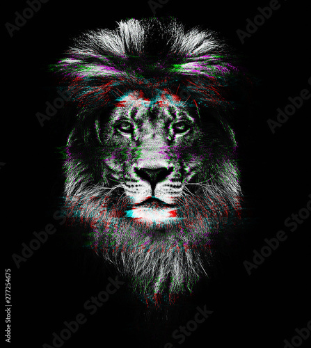 Fototapeta Naklejka Na Ścianę i Meble -  Glitch Portrait of a Beautiful lion, lion in dark. Unique Design Abstract Digital Pixel Noise Glitch Error.