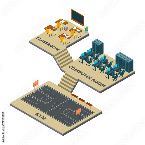 Isometric school interior vector concept. Crassroom, computer room and gym with basketball court 3d illustration. College and school isometric, classroom interior with computer