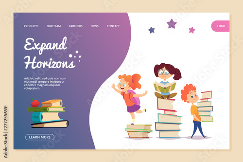 Expand horizons vector concept. Reading landing page template. Cartoon kids read books and education new knowledge, girl and boy learning illustration