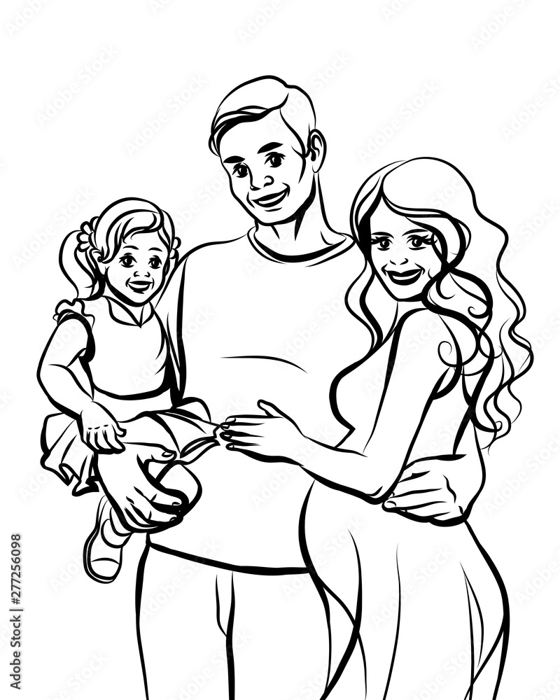 Family. Graphic, hand-drawn sketch depicting happy father hugs pregnant wife and holds daughter in his arms. Family. Graphic, hand-drawn sketch depicting happy father hugs pregnant wife and holds daughter in his arms.