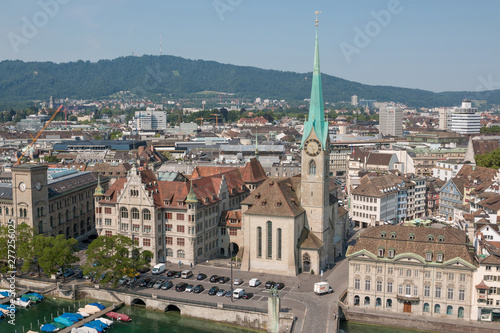 Aerial view of historic Zurich city with Fraumunster Church and river Limmat