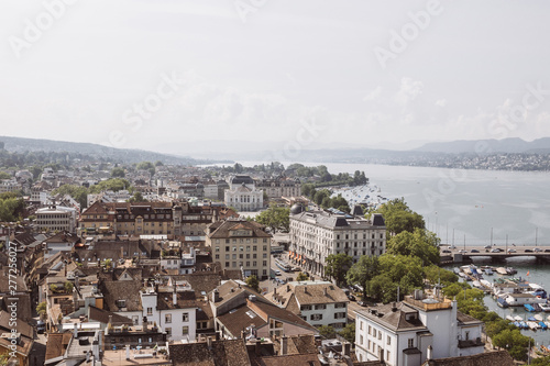 Aerial view of Zurich city center with Opera house and lake Zurich