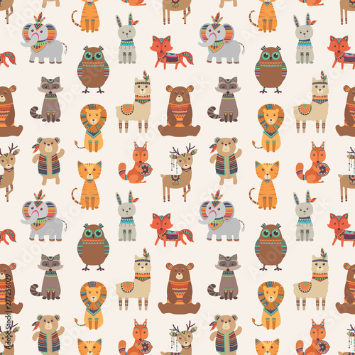 Tribal animal seamless pattern. Ethnic style animals vector texture. Illustration of indian lama and racoon, rabbit and fox