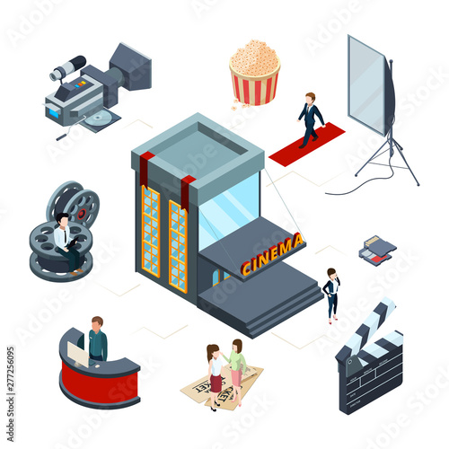 Isometric cinema vector concept. Film production 3D illustration. Illustration of movie entertainment, filmmaking production, cinema industry