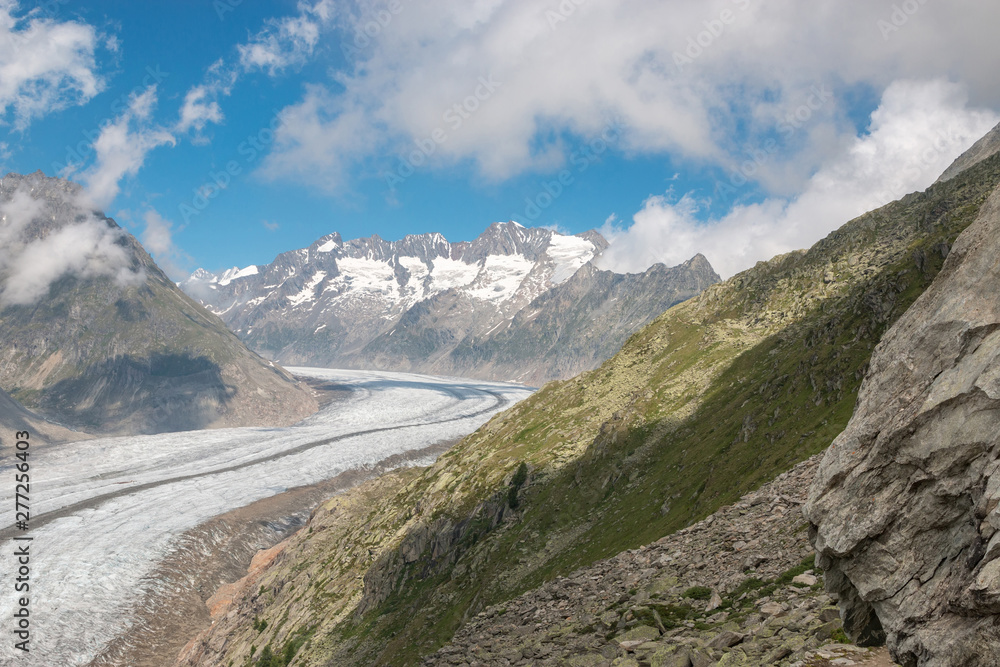 Panorama of mountains scene, walk through the great Aletsch Glacier