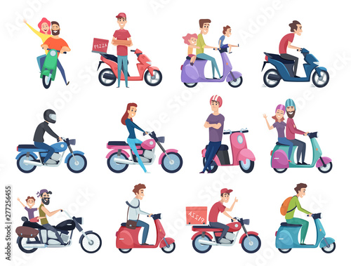 Motorcycle riders. Male and female drivers in helmet on bike fast courier characters vector pictures collection. Motorcycle driver courier, bike scooter delivery, moped deliver illustration © ONYXprj